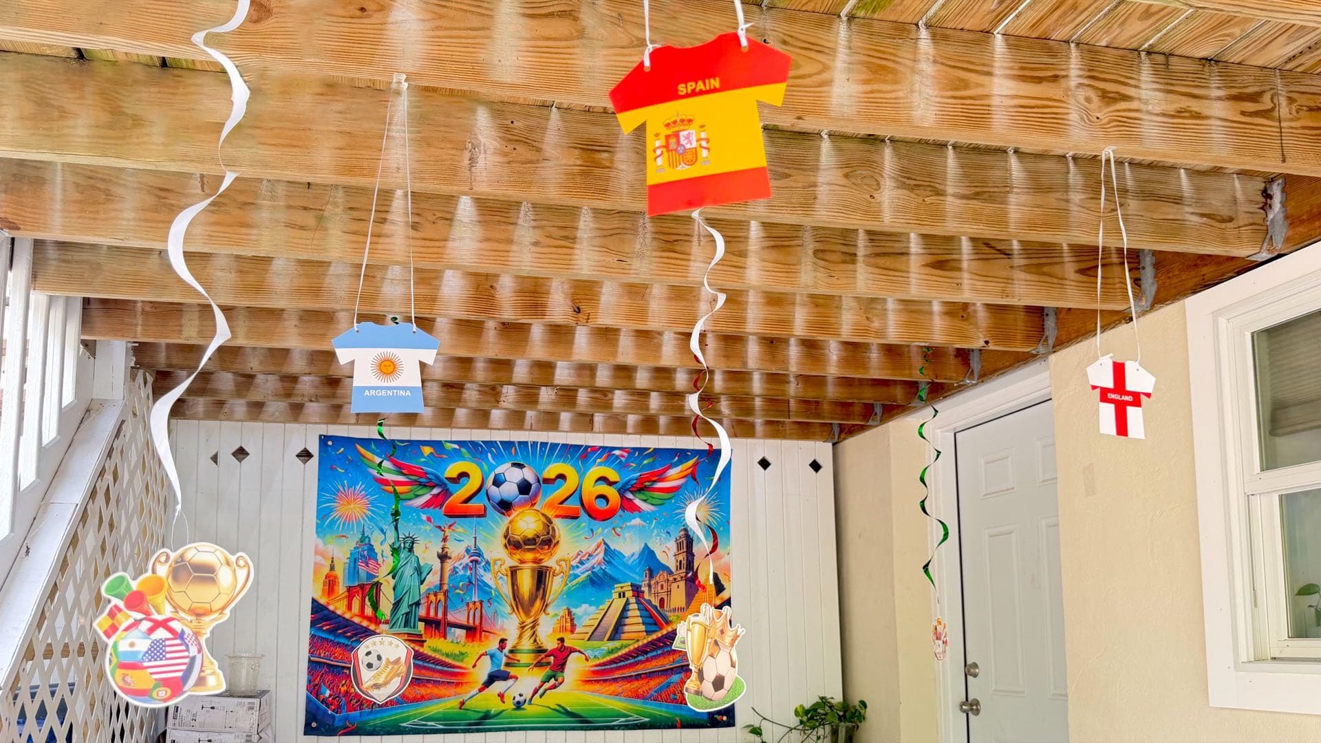 Classroom decorated with jerseys and flags for the World Cup Final