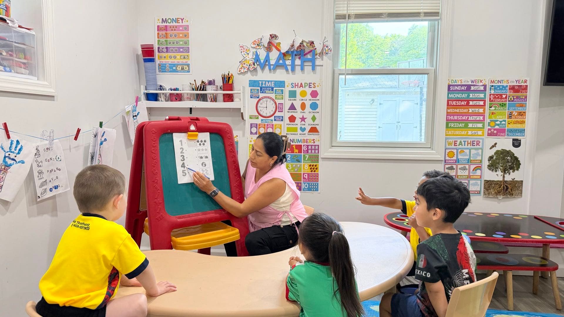 A teacher leading a lesson with children at the classroom easel
